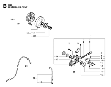 Clutch And Oil Pump Diagram and Parts List for 3120XP-3120XPEPA 20162700001-20180900000 Husqvarna Chainsaw