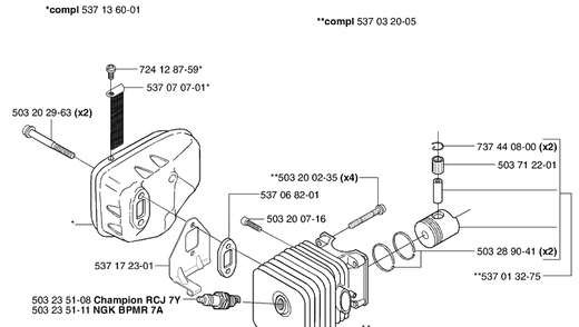 Piston / Cylinder / Muffler Diagram and Parts List for 325HD60 (X-SERIES)(2002-06) Husqvarna Hedge Trimmer