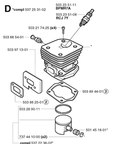 Cylinder Piston Diagram and Parts List for 353 20023500001-20041000000 Husqvarna Chainsaw
