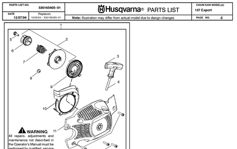 Starter Diagram and Parts List for 137 20050100001-20064900000 Husqvarna Chainsaw