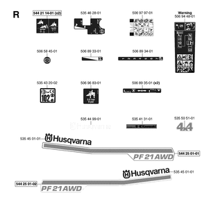 Decals Diagram and Parts List for PF21AWD (965095101)(2007-03) Husqvarna Lawn Tractor