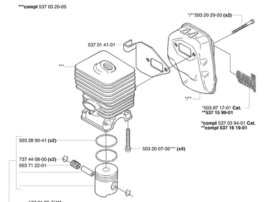 Piston / Cylinder / Muffler Diagram and Parts List for 323E 2006-04 Husqvarna Edger