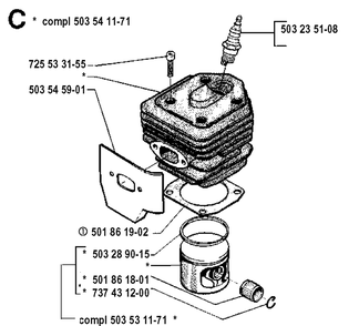 Cylinder Piston Diagram and Parts List for 262XP 19910900001-19924400000 Husqvarna Chainsaw