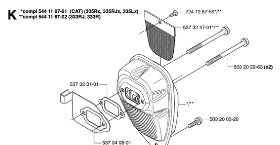 Muffler Diagram and Parts List for 335RX 20064000001-20070100000 Husqvarna Brush Cutter