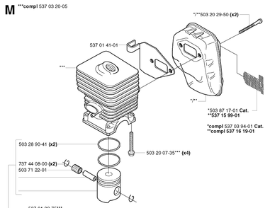 Cylinder Piston Diagram and Parts List for 325RDX 20020100001-20051800000 Husqvarna Brush Cutter
