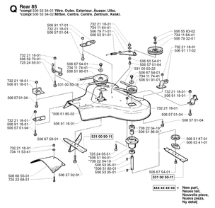 85cm Cutting Deck Diagram and Parts List for R13 2002-02 Husqvarna Lawn Tractor