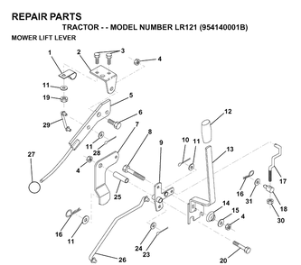 Mower Lift Lever Diagram and Parts List for LR121 (954140001B)(1997-01) Husqvarna Lawn Tractor