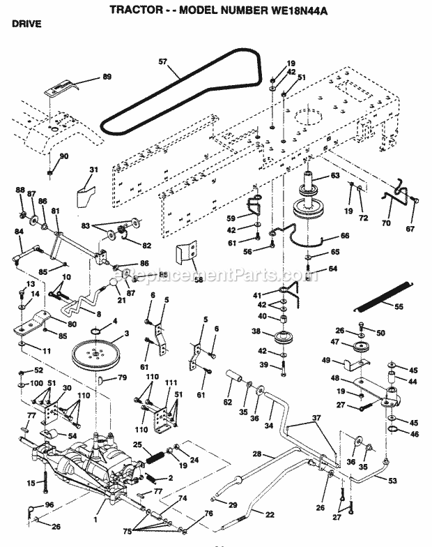 Drive Diagram and Parts List for WE18N44A 1995 Husqvarna Lawn Tractor