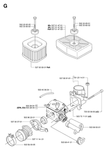 Carburetor And Air Filter Diagram and Parts List for 390XP-XPG-XPW 20064000001 & Above Husqvarna Chainsaw