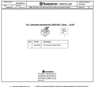 Service Updates Diagram and Parts List for 142 20050100001-20064900000 Husqvarna Chainsaw