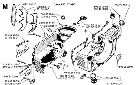 Crankcase Diagram and Parts List for 268 19970100001-19994500000 Husqvarna Chainsaw