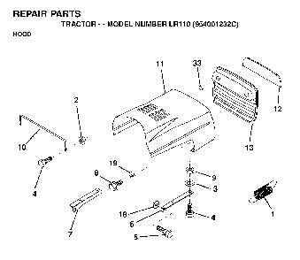 Hood Diagram and Parts List for LR110 (954001232C)(1995-08) Husqvarna Lawn Tractor