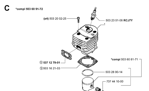 Cylinder Piston Diagram and Parts List for 55 (RANCHER)(20001900001-20051400000) Husqvarna Chainsaw