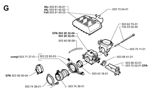 Carburetor And Air Filter Diagram and Parts List for 365 19991400001-19994699999 Husqvarna Chainsaw