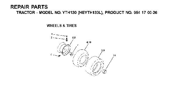 Wheels And Tires Diagram and Parts List for YTH130 (HEYTH130L, 954170026)(2001-09) Husqvarna Lawn Tractor