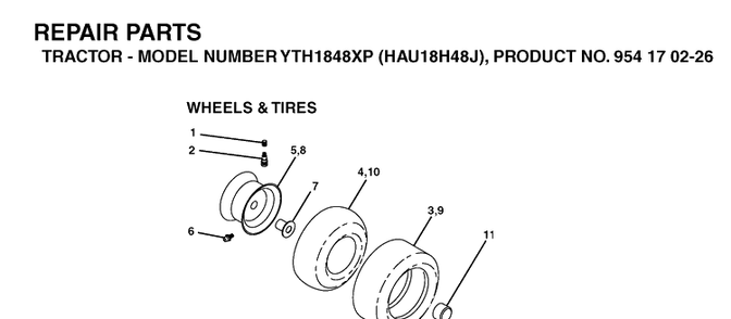 Wheels And Tires Diagram and Parts List for YTH1848XP (HAU18H48J)(2004-09) Husqvarna Lawn Tractor