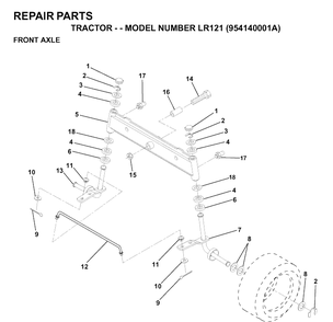 Front Axle Diagram and Parts List for LR121 (954140001A)(1997-01) Husqvarna Lawn Tractor