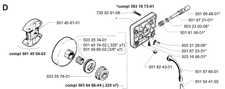 Clutch And Oil Pump Diagram and Parts List for 257 19960100001-19980900000 Husqvarna Chainsaw