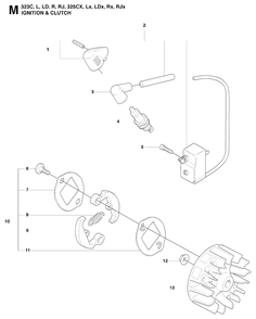 Ignition System And Clutch Diagram and Parts List for 325CX 20080900001 & Above Husqvarna Trimmer