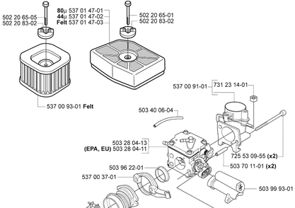 Air Filter/Carburetor Diagram and Parts List for 385 2005-03 Husqvarna Chainsaw