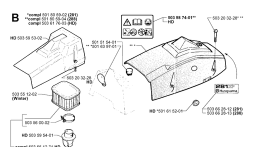 Air Filter Cover Diagram and Parts List for 281 20000600001-20014000000 Husqvarna Chainsaw