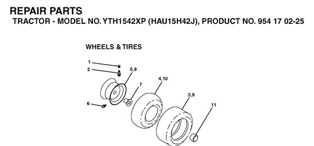 Wheels And Tires Diagram and Parts List for YTH1542XP (HAU15H42J)(2004-09) Husqvarna Lawn Tractor