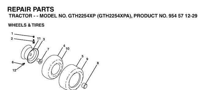 Wheels And Tires Diagram and Parts List for GTH2254XP-GTH2254XPA 2004-08 Husqvarna Lawn Tractor
