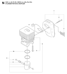Cylinder, Piston And Muffler Diagram and Parts List for 325CX 20080900001 & Above Husqvarna Trimmer