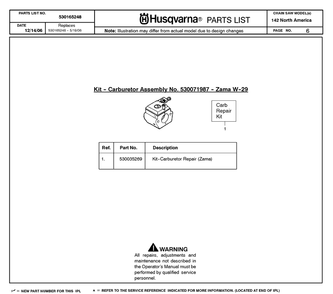 Carburetor Diagram and Parts List for 142 20064900001-20070100000 Husqvarna Chainsaw