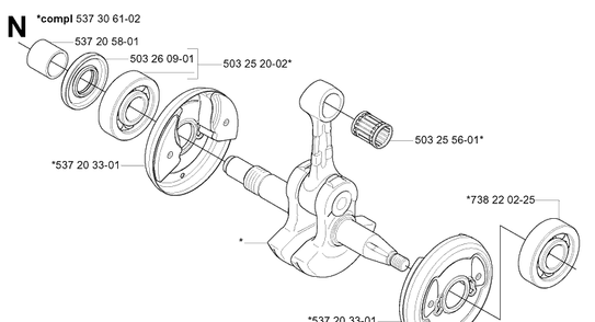 Crankshaft Diagram and Parts List for 575XP 20051400001-20070100000 Husqvarna Chainsaw