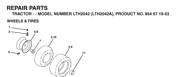 Wheels And Tires Diagram and Parts List for LTH2042-LTH2042A 2003-12 Husqvarna Lawn Tractor