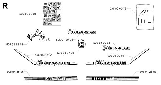Decals Diagram and Parts List for R11BIO 2001-01 Husqvarna Lawn Tractor