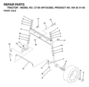 Front Axle Diagram and Parts List for LT130 (954820100-E)(2000-02) Husqvarna Lawn Tractor