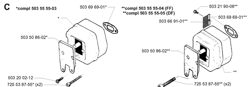 Muffler Diagram and Parts List for 257 19980900001-19992300000 Husqvarna Chainsaw