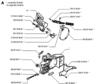 Chain Brake Diagram and Parts List for 45 19952300001-19981800000 Husqvarna Chainsaw