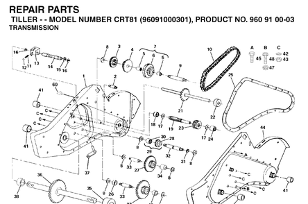 Transmission Diagram and Parts List for CRT81 (96091000301)(2005-10) Husqvarna Cultivator