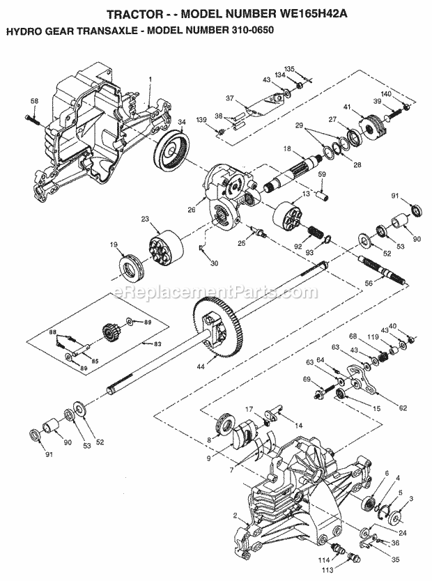 Hydro Gear Transaxle Diagram and Parts List for WE165H42A 1998 Husqvarna Lawn Tractor