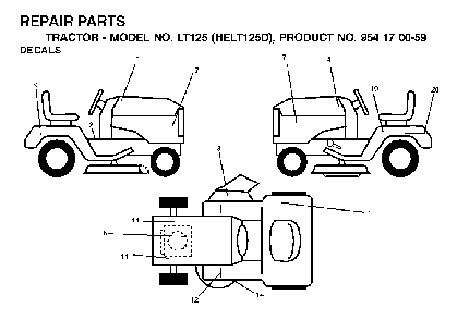 Decals Diagram and Parts List for LT125 (HELT125D, 954170059)(2002-06) Husqvarna Lawn Tractor