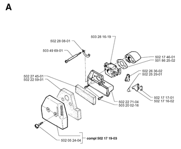 Carburetor And Air Filter Diagram and Parts List for 250RX 19973100001 & Above Husqvarna Trimmer