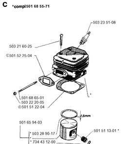 Cylinder Piston Diagram and Parts List for 266 1993-09 replaced by 266 Husqvarna Chainsaw