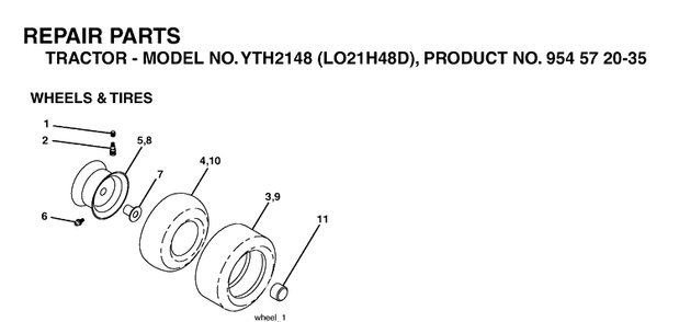Wheels And Tires Diagram and Parts List for YTH2148-LO21H48D 2004-03 Husqvarna Lawn Tractor