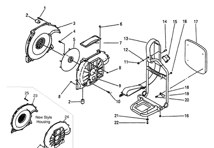Fan Housing (Old Style/New Style) And Backpack Frame Diagram and Parts List for 145BT 1997-05 Husqvarna Leaf Blower / Vacuum