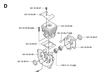 Cylinder And Crankcase Diagram and Parts List for 125BT TJ027D-AC55 Husqvarna Leaf Blower / Vacuum