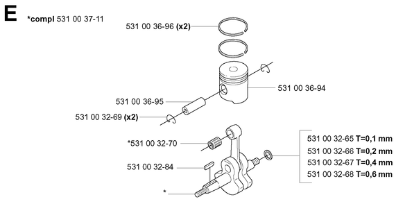 Piston and Crankshaft Diagram and Parts List for 155B (20014000001-20041499999)(2001) Husqvarna Leaf Blower / Vacuum