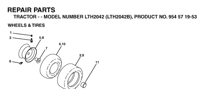Wheels And Tires Diagram and Parts List for LTH2042-LTH2042B 2004-01 Husqvarna Lawn Tractor