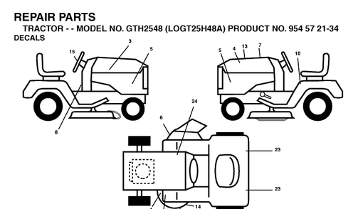Decals Diagram and Parts List for GTH2548-LOGT25H48A 2003-12 Husqvarna Lawn Tractor
