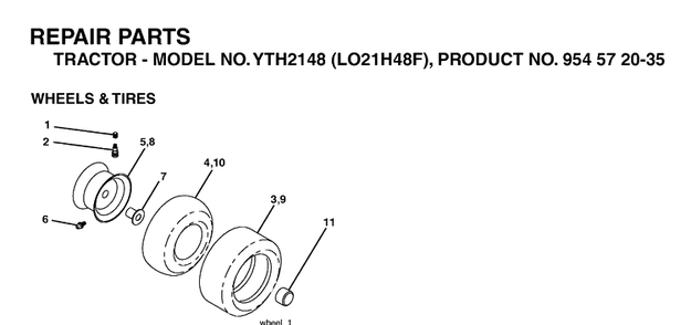 Wheels And Tires Diagram and Parts List for YTH2148-LO21H48F 2004-03 Husqvarna Lawn Tractor