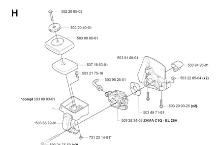 Carburetor And Air Filter Diagram and Parts List for 323HE3 20090900001-Current Husqvarna Hedge Trimmer