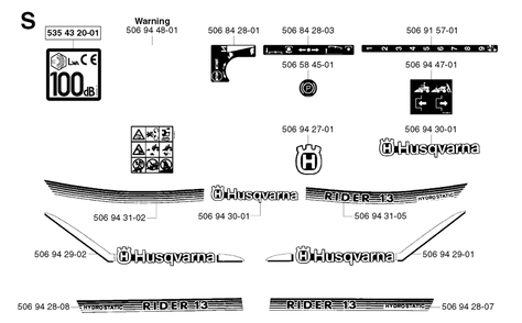 Decals Diagram and Parts List for R13 2002-02 Husqvarna Lawn Tractor