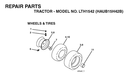 Wheels And Tires Diagram and Parts List for LTH1542 (954170086-B)(2004-01) Husqvarna Lawn Tractor